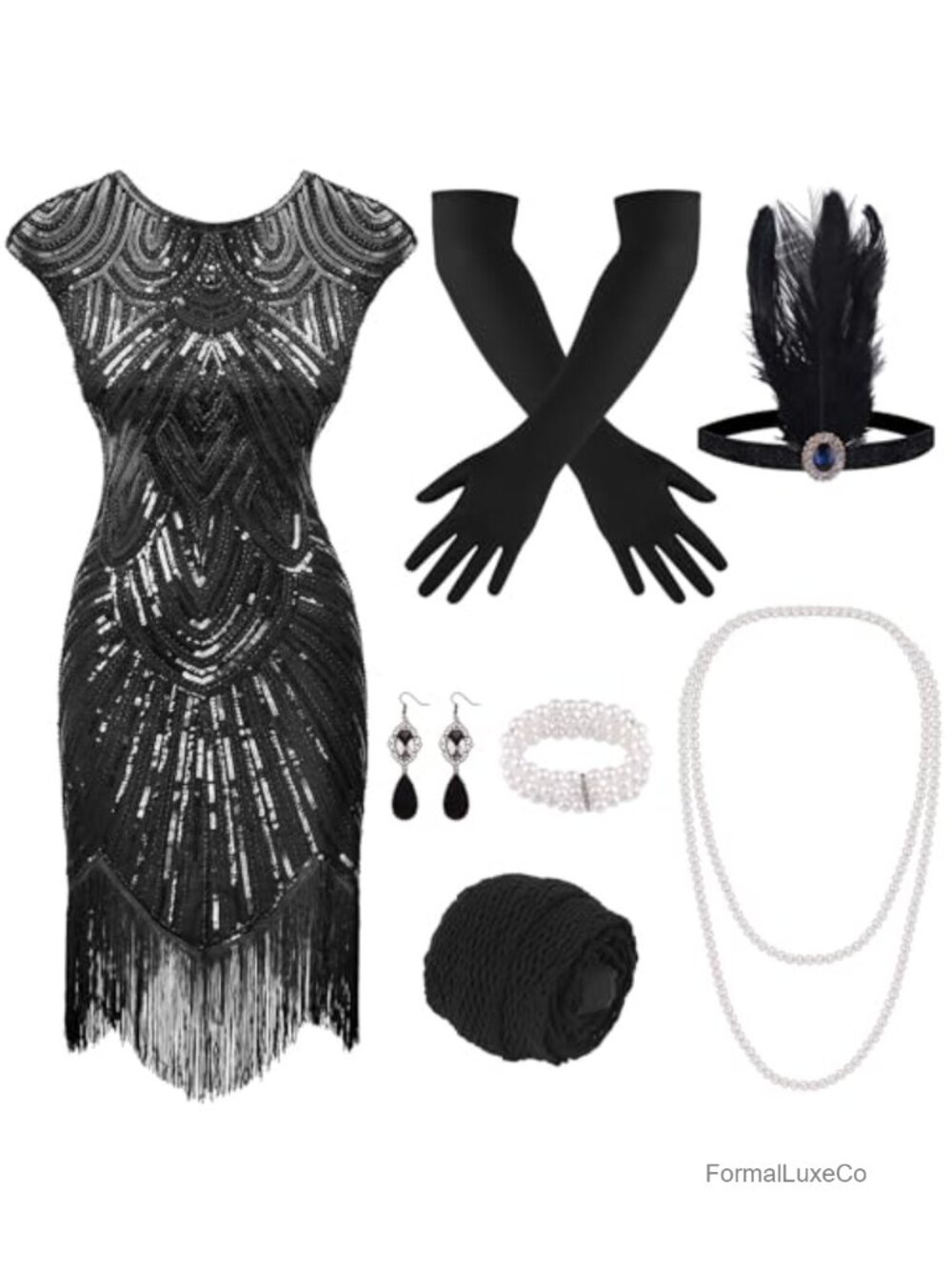 1920s Sequin Fringed Flapper Gatsby Cocktail Dress with 20s Accessories Set